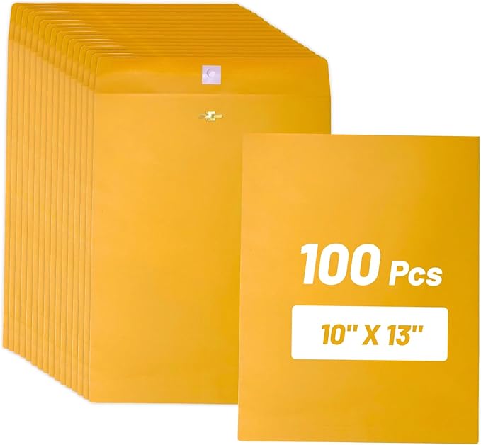 Manila Clasp Envelopes 10x13 100 Pcs, Creebe Large Brown Yellow 10 x 13 Envelopes with Clasp and Gummed Seal for Mailing, 100 GSM Kraft Paper