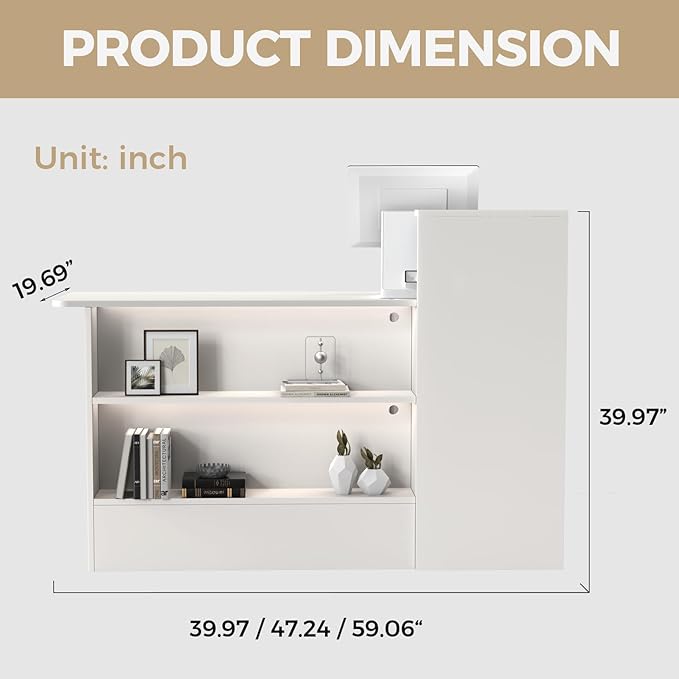 Modern Reception Desk with LED Lights - 47" Front Desk Reception Counter with Dual Display Shelves & Hidden Cable Management, Lockable Drawer & Storage Cabinet for Office, Salon, Spa, Retail, Right