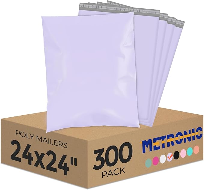 Metronic Large Poly Mailers 24x24 300 Pcs, Strong Adhensive Shipping Bags for Clothing, Waterproof Mailers Bags for Small Business, Shipping Envelopes, Tear-resistant Mailing Bags Bulk in Lilac Purple
