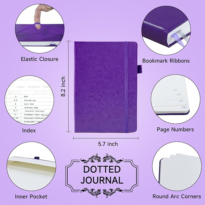 feela Dotted Journal Kit, Dot Grid Journal Hardcover Planner Notebook Set For Beginners Women Girls Note Taking with Journaling Supplies Stencils Stickers Pens Accessories, A5, 224 Pages, Purple