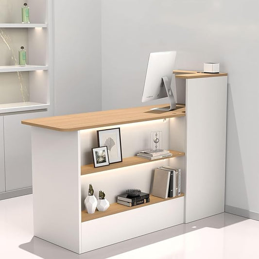 Modern Reception Desk with LED Lights - 59" Front Desk Reception Counter with Dual Display Shelves & Hidden Cable Management, Lockable Drawer & Storage Cabinet for Office, Salon, Spa, Retail, Left