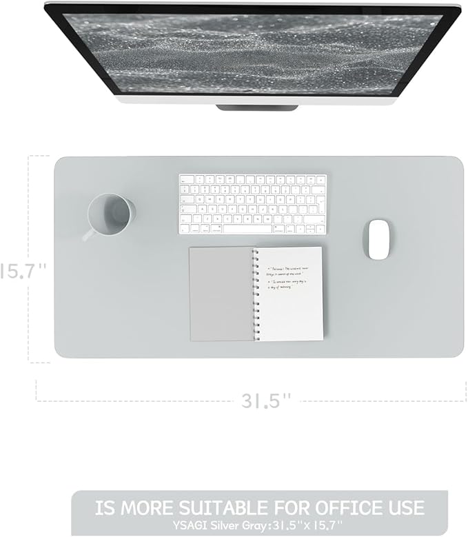 YSAGi Non-Slip Leather Desk Pad, Waterproof Laptop Computer Desk Keyboard Mat, Table Protector Blotter Mat, Large Mouse Pad for Office/Work/Home/Decor(Silver-Grey, 31.5" x 15.7")