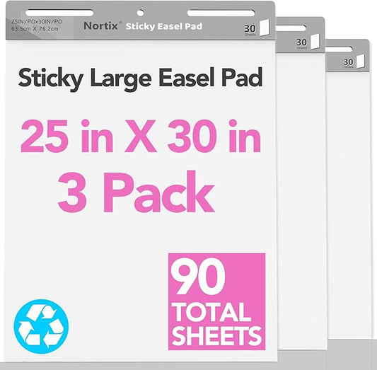 Nortix Flip Chart Paper, Sticky Easel Pads, Chart Paper for Teachers,Super Adhesive & Bleed-Resistant, Large Self-Stick Easel Paper for Classroom/Office, 25 x 30 inch, 30 Sheets/Pad, 3 Pads