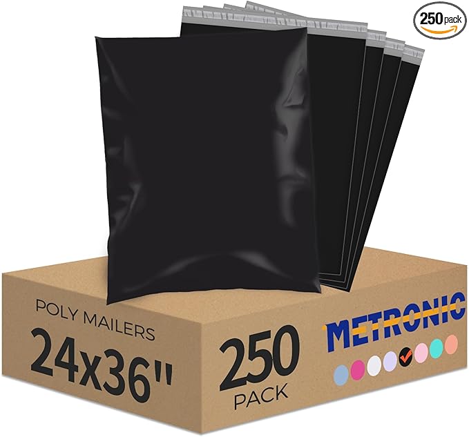 Metronic Poly Mailers 24×36 250 Pcs Black, Extra Large Shipping Bags for Clothes,Self Seal Shipping Envelopes for Small Business,Waterproof Mailers Poly Bags for Shipping,Packaging Mailing Bags Bulk