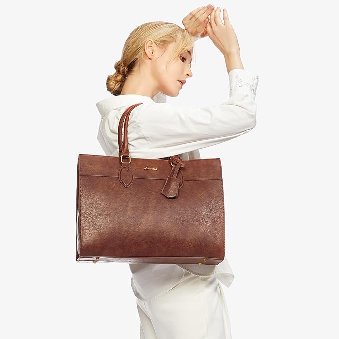 LOVEVOOK Laptop Bag for Women, 15.6 inch Laptop Tote Work Bag Purse, Large Waterproof Leather Computer Briefcase for Office, Reddish Brown