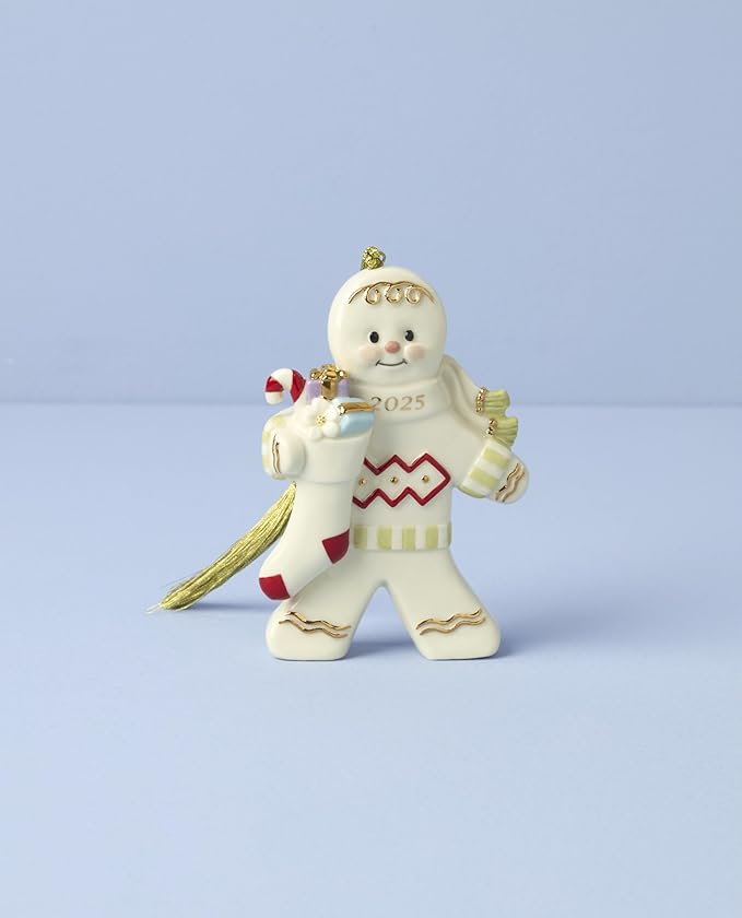 Lenox Ornament, 2025 Gingerbread with Stocking Ornament, Made from Porcelain, Christmas Tree Decorations, Gold Accents and Hanging Cord, Christmas Decoration, Winter Decor, Tree Decor (1 Piece)