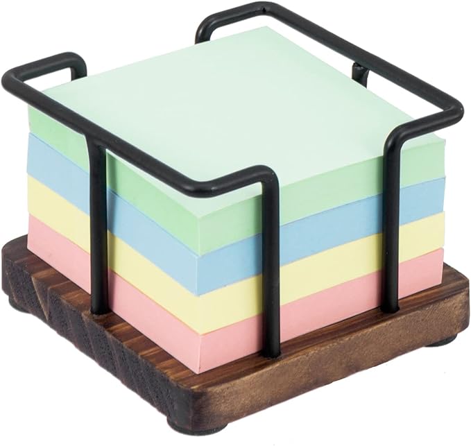 MyGift Modern Rustic Burnt Solid Wood and Industrial Matte Black Metal Wire Sticky Note Cube Holder, Office Desktop Self Adhesive Memo Pad Storage Dispenser