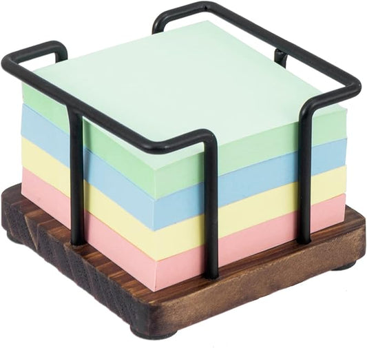 MyGift Modern Rustic Burnt Solid Wood and Industrial Matte Black Metal Wire Sticky Note Cube Holder, Office Desktop Self Adhesive Memo Pad Storage Dispenser