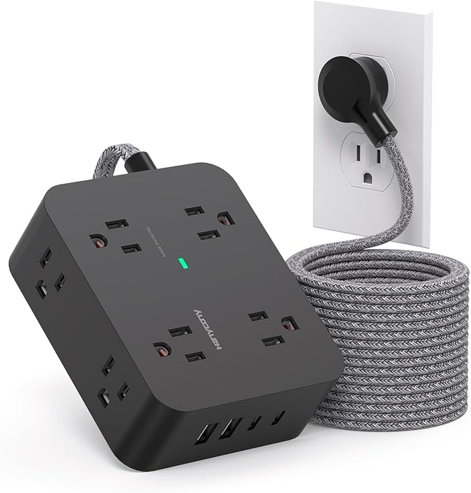 Long Extension Cord 15 ft, Surge Protector Power Strip 15 Feet with 4 Outlets 4 USB Ports (2 USB C), 3 Prong Desk Charging Station, Wall Mount for Indoor Essentials