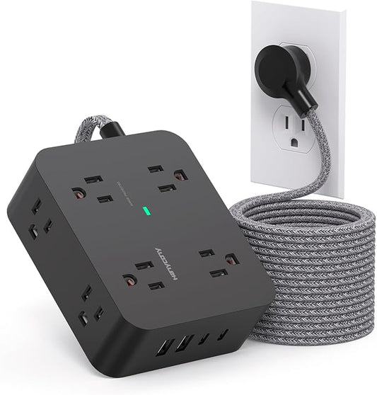 Long Extension Cord 15 ft, Surge Protector Power Strip 15 Feet with 4 Outlets 4 USB Ports (2 USB C), 3 Prong Desk Charging Station, Wall Mount for Indoor Essentials