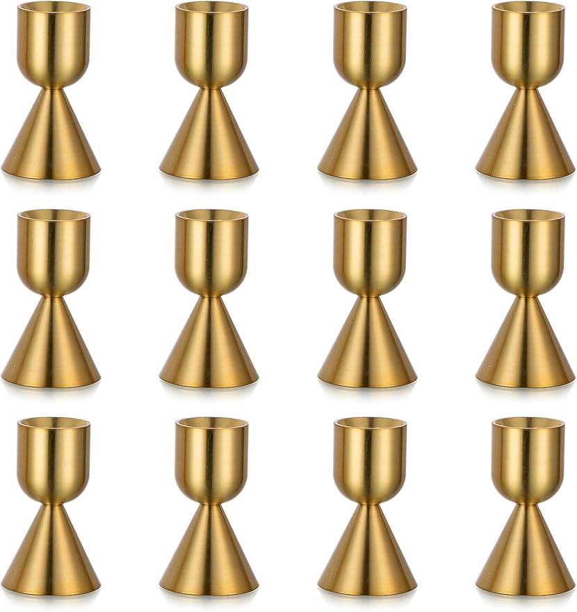 NUPTIO Gold Candlestick Holder Bulk: Set of 12 Brass Taper Candle Stick Holders - Small Aluminium Candleholder for Thanksgiving Birthday Christmas Decor