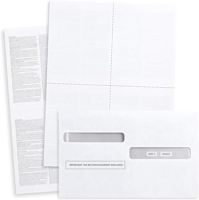 W2 Forms 2025 with Envelopes, Blank W2 4 UP Tax Forms, Compatible with QuickBooks, Sage and other programs, Ideal for E-Filing, Laser or Inkjet Printers, 100 Sheets and 100 Self Seal Envelopes