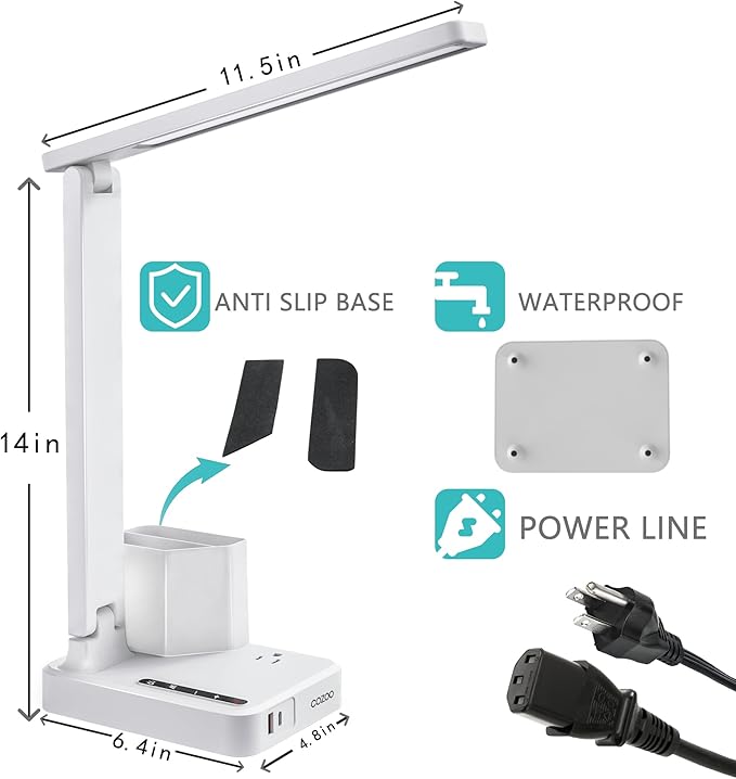 COZOO LED Desk Lamp with 2 USB Charging Ports,Type C Port,1 AC Outlet,2 Pen Holders,3 Color Temperature 3 Brightness Level,Touch/Memory/Timer,10W Eye Protection Foldable Reading Light,Study Lamp-White