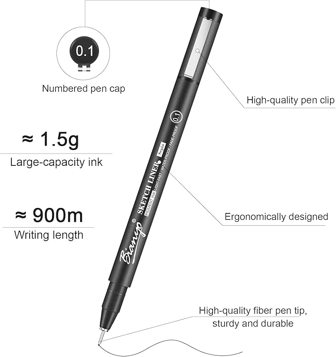 Bianyo Black Art Pen Set - 12 Assorted Sizes Fine Line Drawing, Upgraded Pigment Ink, Water-Resistant Archival Pens for Artists, Crafters, and Journaling