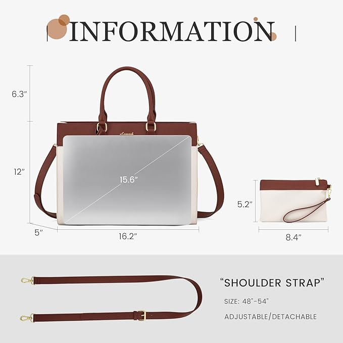 LOVEVOOK Laptop Tote Bag for Women, 15.6 inch Work Bag Purse, Waterproof Leather Women Business Office Briefcase, Beige-Brown