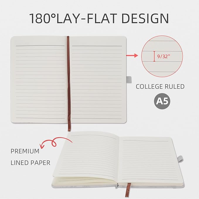 Lined Notebook Journal for Women Men 200 Pages A5 Hardcover Leather with Pen Holder College Ruled Journals for Work Note Taking Travel School (Lined, White-B)