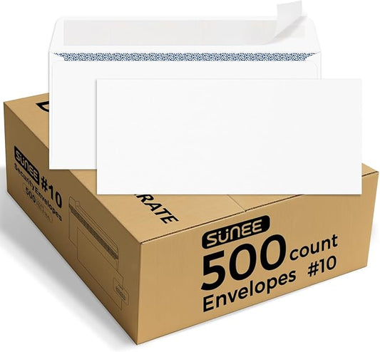 SUNEE Envelopes Self Seal #10 Windowless Mailing Business Envelopes 500 Pack, 4-1/8 x 9-1/2 inch - White Letter Size Envelopes - 24LB - Secure & Printer Compatible for Letters, Checks, Mailings