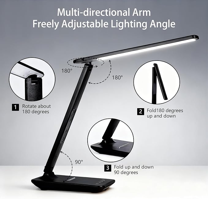 LED Desk Lamp with 10W Wireless Charger & USB Port, Eye-Caring Dimmable Touch Control Lamp with Clock Display, Adjustable Foldable Arm, 5 Brightness & 3 Color Modes for Home Office Study