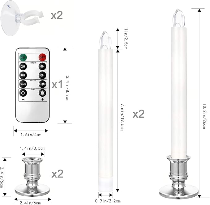 YAUNGEL Window Candles, 2 Pack LED Battery Operated Christmas Candles for Windows with Remote Timer Electric Candle Lights with Removable Candle Holders Suction Cups for Christmas Decorations, Silver