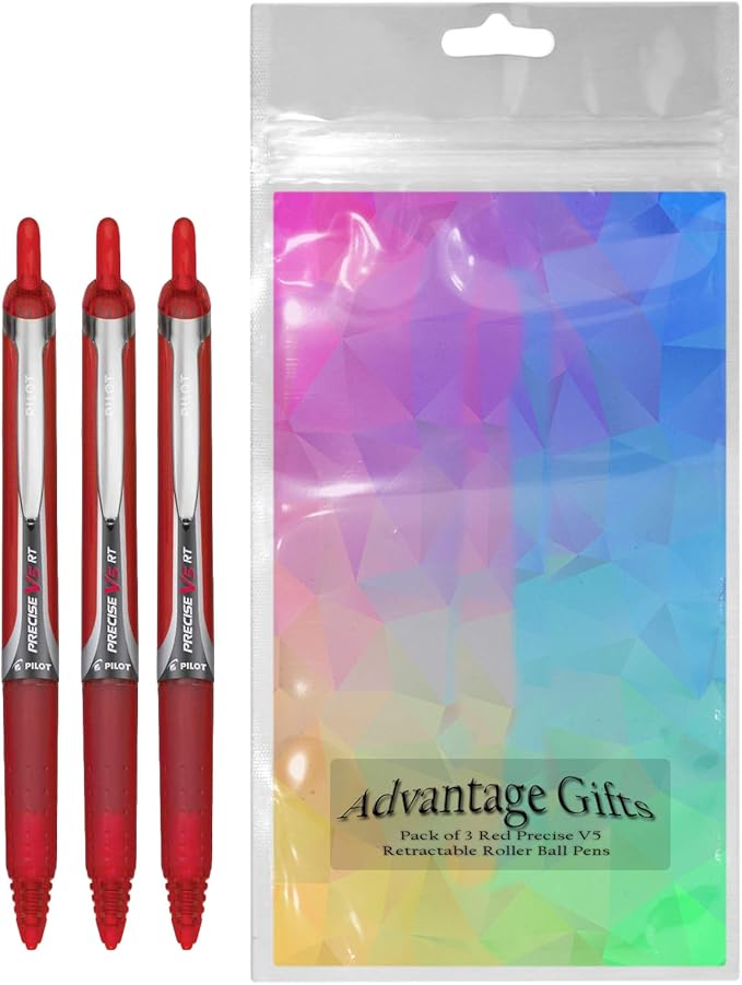 Precise V5 RT Retractable Rolling Ball Pens, Extra Fine Point (.5mm), Red Ink, 3-pk; Premium Comfort Grip, Bundle with Plastic Reusable Pouch