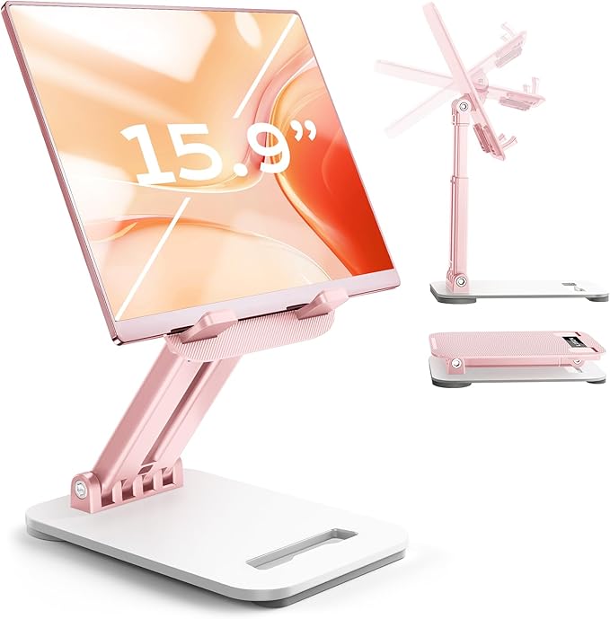 LISEN Pink Desk Accessories for iPad Office Supplies Desk Decor for Women, for Him Tablet Stand Vanity Accessories Video Zomming Face Time Free Hands