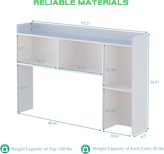 Wooden Desktop Hutch Bookshelf - Free Standing Desk Storage Shelf with Top Edge for Computer Desk, Desktop Bookcase for Dorm, Home or Office, Countertop Organizer, White, 53.2"