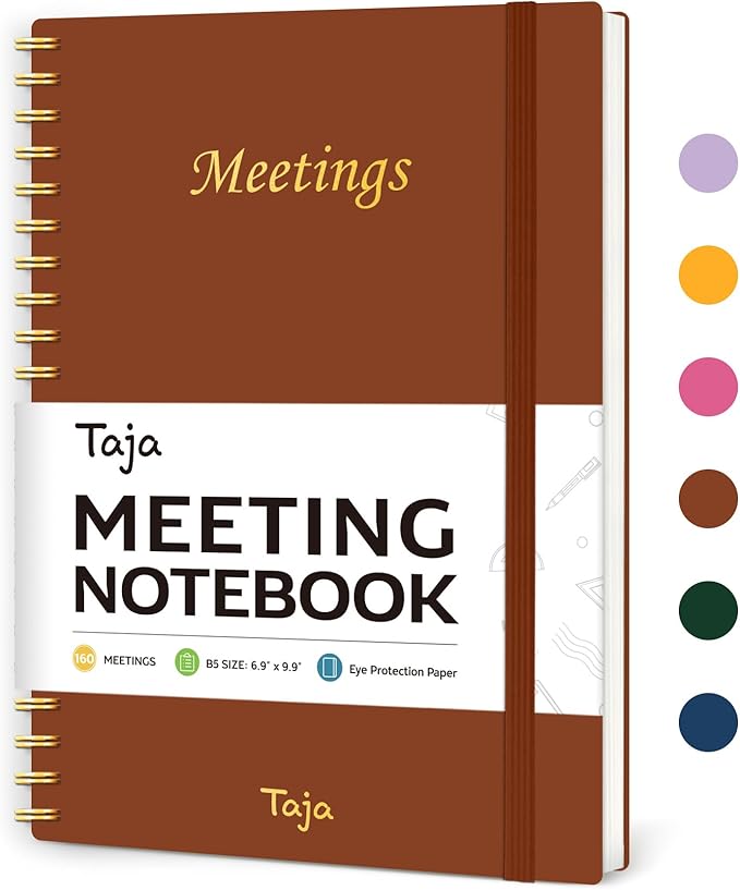 Meeting Notebook for Work Organization - Work Planner Notebook with Action Items, Agenda Planner for Note Taking, 160 Pages (6.9" X 9.9") Project Organizer for Men & Women - Rust Brown