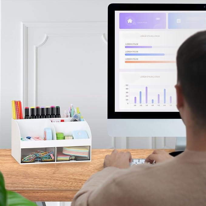 Office Desk Organizer with Drawers for Desktop/Tabletop/Counter, Desk Top Accessories Stationary Organizer Desk Caddy, Pen/Pencil/Business Card/Sticky Note Tray/Paperclip Holder Storage Box (White)