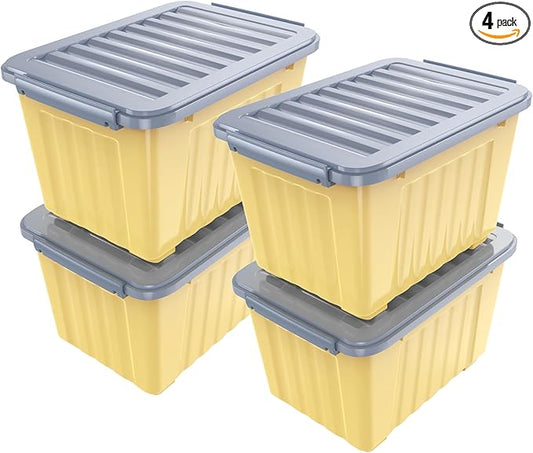 Nazhura Plastic Storage Bin, Stackable and Nestable Storage Boxes with White Lids and Secure Latching Buckles, Large Storage Container (Yellow/Purple, 72Quart-4Pack)