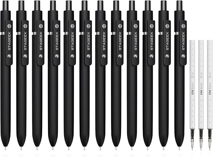 Black Gel Pens, 12Pcs Fine Point Smooth Writing Pens with 3 Extra Refills, Quick Dry Black Ink Pens for Journaling, Office, Note Taking, School Supplies, Nurse Aesthetic(Black)