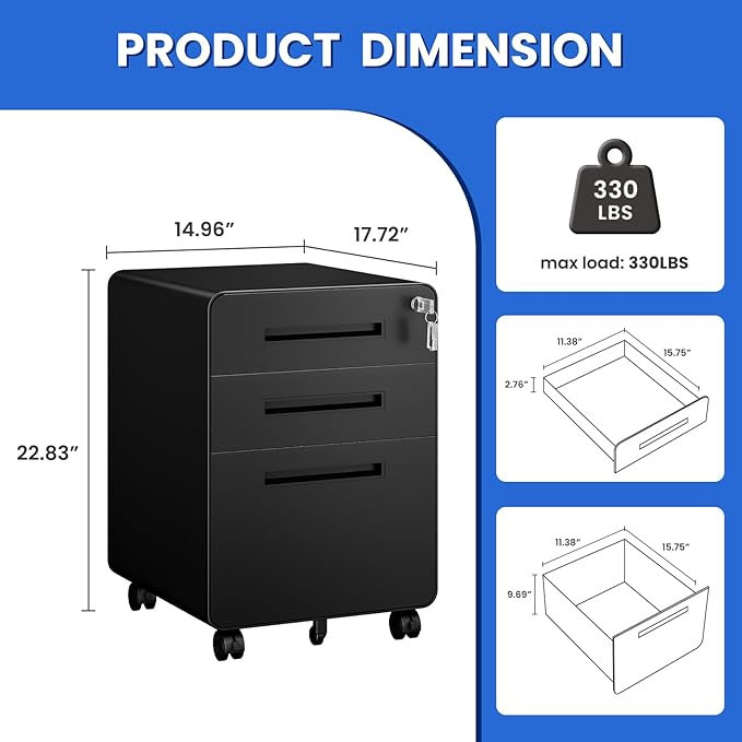 MIIIKO Mobile Filing Cabinet 3 Drawer, Rolling Small File Cabinet with Keys Under Desk, Modern Black Filing Cabinets for Home Office with Anti-tilt Wheels, A4/Letter/Legal Hanging File Drawers
