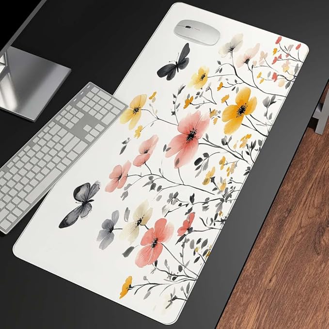 Mrcrypos Wildflowers Large Mouse Pad Butterfly Desk Mat for Desktop, Waterproof Desk Pad with Stitched Edges, Computer Keyboard Gaming Mouse Pads for Women Office Home 31.5" x 15.7"