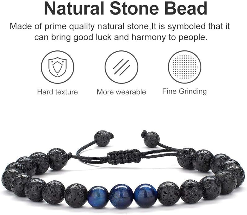 M MOOHAM Natural Stone Bracelets for Men - 8mm Tiger Eye | Matte Agate | Lava Rock Bracelets for Men Teen Boys Gifts Birthday Anniversary Christmas Gifts for Men Teens