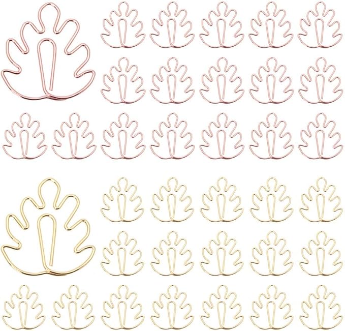 OWLFAVO 36pcs Monstera Shape Paper Clips with Clear Box, Rose Gold and Yellow Gold, Funny Cute Paperclips Bookmarks Planner Clips for Fun Office Supplies School Gifts Wedding Decoration