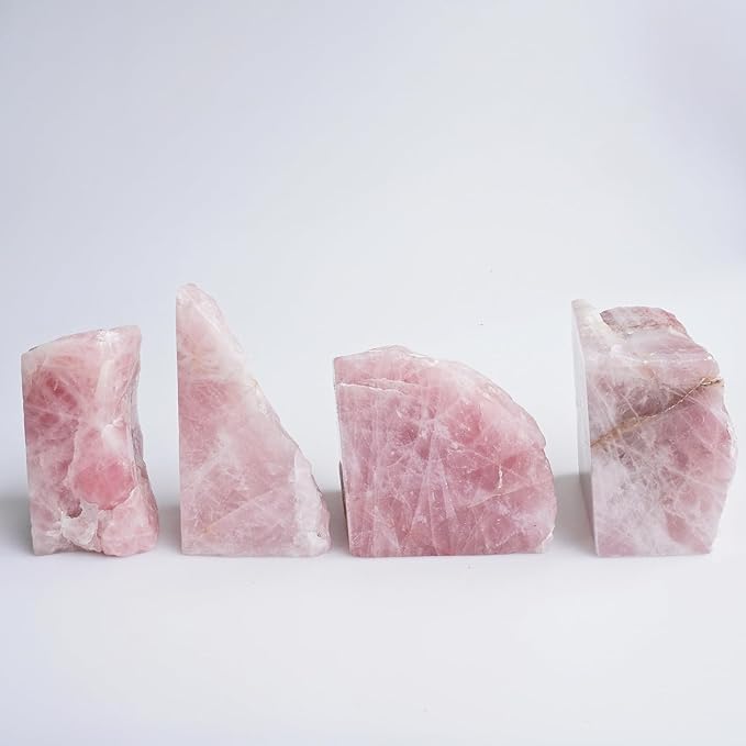 Natural Rose Quartz Bookends with Rubber Feet 3-4Lbs Heavy Duty Non-Slip Pink Crystal Bookends | Raw & Polished Stone | Healing Office Decor Gift