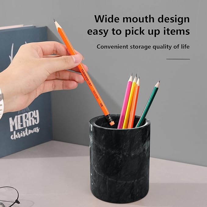 Marble Pencil Pen Holder for Desk,Makeup Brush Holder, Stand for Desk Marble Pattern Pencil Cup for Kids Durable Organizer Ideal Gift for Home, Office(Black)