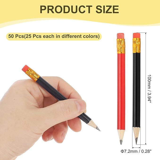 MECCANIXITY Golf Pencils with Erasers, 4" HB Mini Half Pencils Pre Sharpened Small Pens for Wedding Bridal Shower Game Office Writing Drawing(Red/Black, Pack of 50)