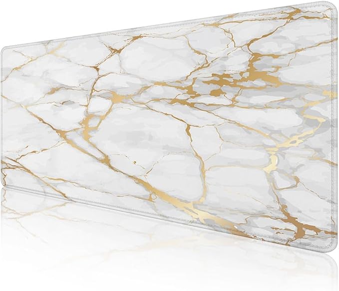 Mrcrypos Large Mouse Pad White Gold Marble Desk Mat for Desktop, Waterproof Desk Pad with Stitched Edges, Computer Keyboard Gaming Mouse Pads for Women Office Home 31.5" x 15.7"