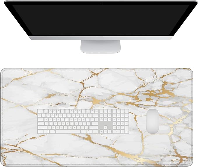 Mrcrypos Large Mouse Pad White Gold Marble Desk Mat for Desktop, Waterproof Desk Pad with Stitched Edges, Computer Keyboard Gaming Mouse Pads for Women Office Home 31.5" x 15.7"