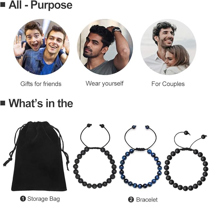 M MOOHAM Natural Stone Bracelets for Men - 8mm Tiger Eye | Matte Agate | Lava Rock Bracelets for Men Teen Boys Gifts Birthday Anniversary Christmas Gifts for Men Teens