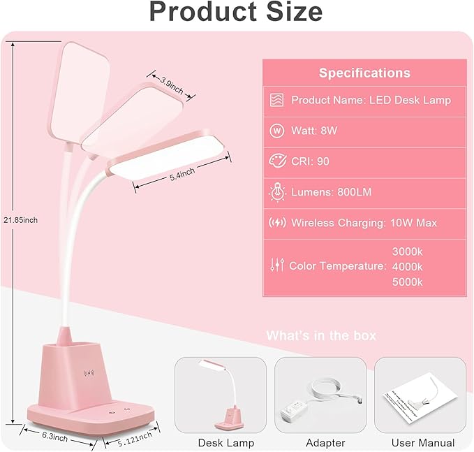 Sailstar Pink Desk Lamp, Small Desk Lamp with Pen Holder, Wireless Charger LED Desk Lamps for Home Office, Kids Desk Lamps 800LM Flexible Arm 3 Modes Dimmable Touch, Study Lamps for College Dorm Room
