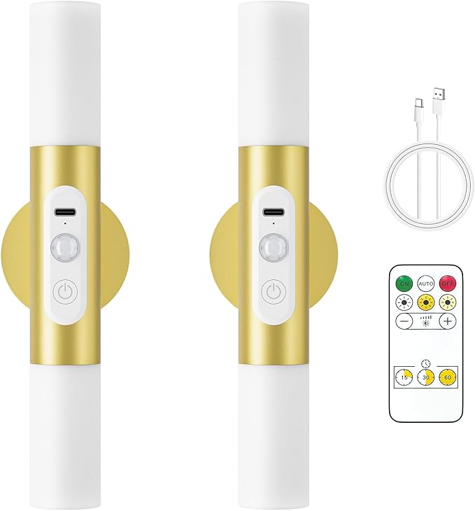 Motion Sensor Wall Sconces with Remote Control, LED Rechargeable Battery Operated Wall Lights Set of Two for Living Room, Indoor Wireless Wall Lamps for Bedroom, Hallway, Stair, Gold 2 Pack