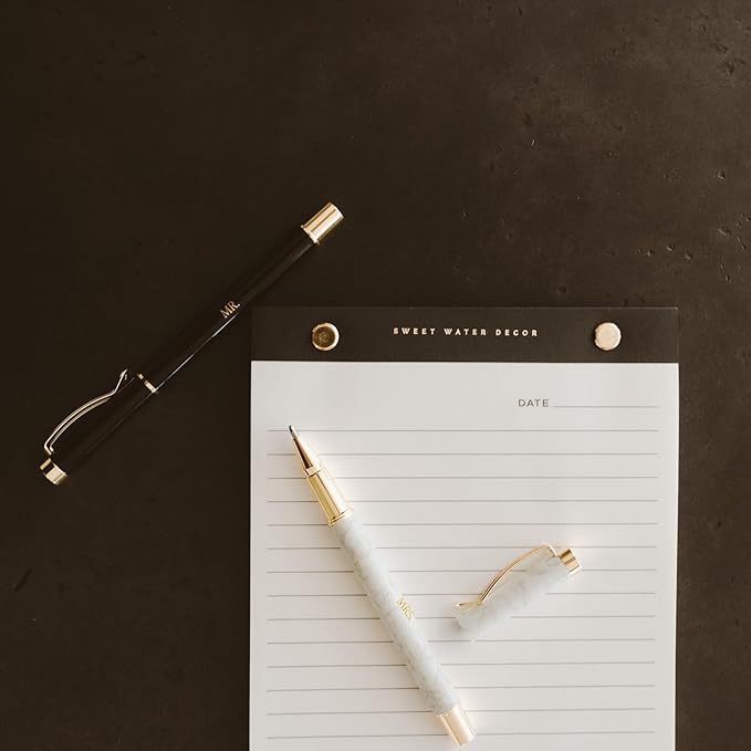 Sweet Water Decor Mr and Mrs Wedding Pen Set, 2 Piece Ballpoint Pens with Gold Accents, Black and Grey Delft Design, Medium Black Ink, Perfect for Guest Book, Engagement, Bridal Shower, Newlywed Gift