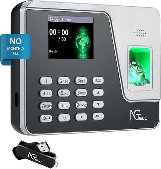 NGTeco Time Clocks for Employees Small Business, Upgraded Fingerprint Time Clock Supporting Shift Schedules, Standalone Time Card Machine Automatic Punch in Out (No Need WiFi)