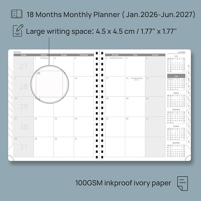 POPRUN Monthly Planner 2026-2027 (Large 8.5" x 10.5") 18 Months Calendar (Jan 2026 - Jun 2027) - 4 Pages per Month with Expense & Notes, Stair-like tabs, Leather Cover, Sunday Starts - Green