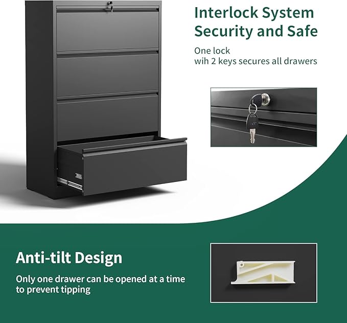 Lateral File Cabinet with 4 Drawer, Metal File Cabinets for Home Office with Lock, Large Filing Storage Cabinet Printer Stand, Steel Wide File Cabinet for Legal/A4/F4/Letter Size Files-Black
