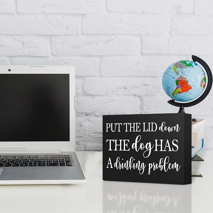 mmiishe Put the Lid Down the Dog Has a Drinking Problem Wooden Box Sign Decorative Funny Bathroom Wood Box Sign Home Decor Rustic Farmhouse Square Desk Decor Sign for Shelf 6 x 8 Inches Black