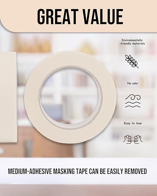Lichamp Masking Tape 1 inch, 24 Pack General Purpose Beige Masking Tape White Masking Paper, 1 inch x 55 Yards x 24 Rolls (1320 Total Yards)