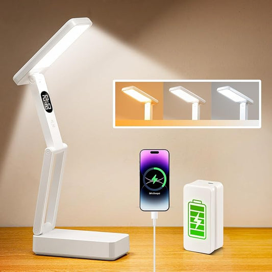 Small Desk Lamp,10000mAh Battery Operated Lamp,3 Colors+Dimmable Desk Light,LED Desk Lamp with USB Charging Port+Digital Clock+45min-Timer,Wireless & Portable Light,Desk Lamps for Home Office,Craft