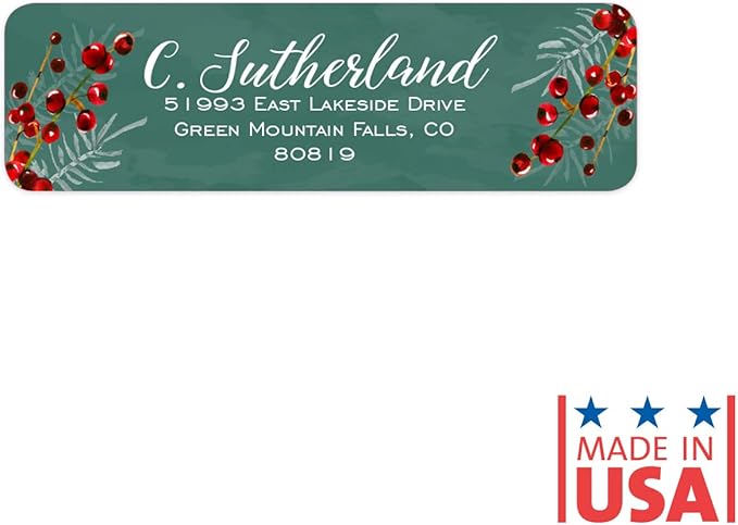 Pine and Berry Rolled Address Labels/Roll of 250 Personalized Return Address Labels/Designer Return Address Stickers in Elegant Plastic Dispenser